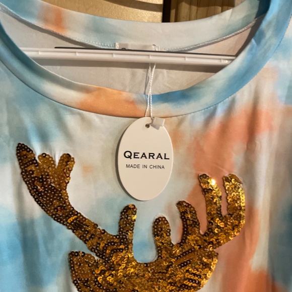 Women Large Sequins Reindeer Christmas Gift Shirt Blouse Top Pretty Tie Dye - Picture 4 of 5